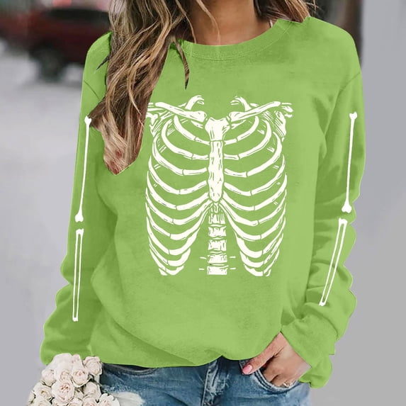 NSLGXD Halloween Sweatshirts Women Plus Size Skeleton Print Pullovers Soft Classic Crewneck Long Sleeve Y2k Tops Halloween Costumes