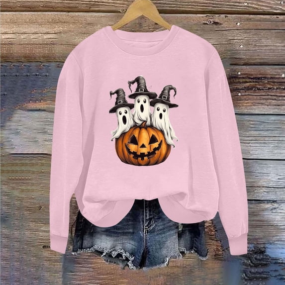 NSLGXD Halloween Sweatshirts Women Spooky Ghost Graphic Pullovers Trendy Classic Crewneck Long Sleeve Shirt Tops Halloween Clothes S-2XL