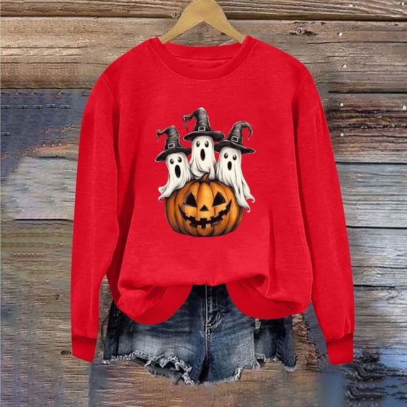 NSLGXD Halloween Sweatshirts Women Spooky Ghost Graphic Pullovers Trendy Classic Crewneck Long Sleeve Shirt Tops Halloween Clothes S-2XL