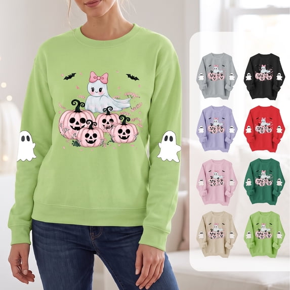 NSLGXD Halloween Sweatshirts for Women 2026 Long Sleeve Cute Ghost Pumpkin Graphic Tee Tops Casual Lightweight Crew Neck Pullovers S-2XL