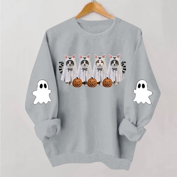 NSLGXD Halloween Sweatshirts for Women Plus Size Ghost Graphic Pullovers Fall Holiday Round Neck Long Sleeve Y2k Tops Halloween Costumes