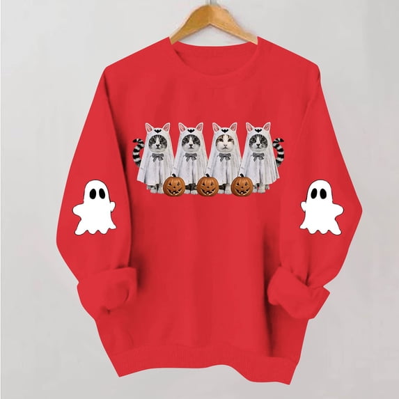 NSLGXD Halloween Sweatshirts for Women Plus Size Ghost Graphic Pullovers Fall Holiday Round Neck Long Sleeve Y2k Tops Halloween Costumes
