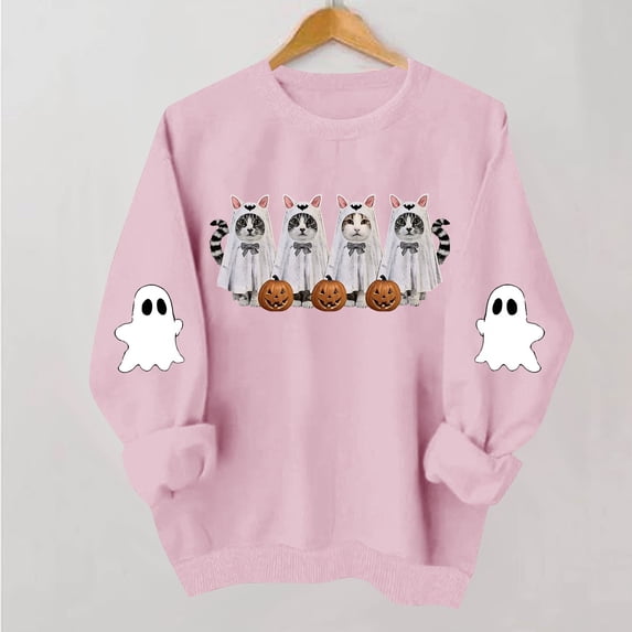 NSLGXD Halloween Sweatshirts for Women Plus Size Ghost Graphic Pullovers Fall Holiday Round Neck Long Sleeve Y2k Tops Halloween Costumes