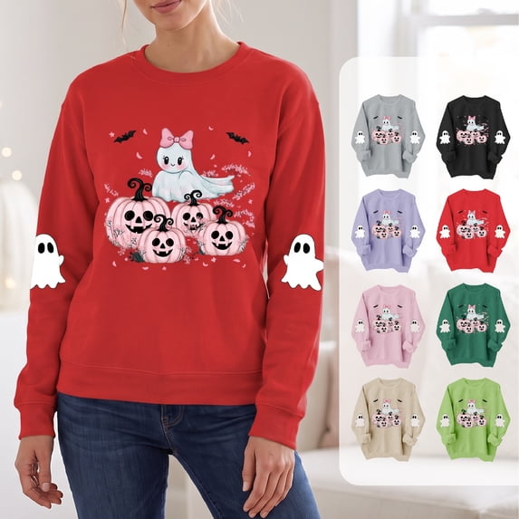 NSLGXD Halloween Sweatshirts for Women Plus Size Ghost Graphic Pullovers Vintage Work Round Neck Long Sleeve Shirt Tops Halloween Costumes