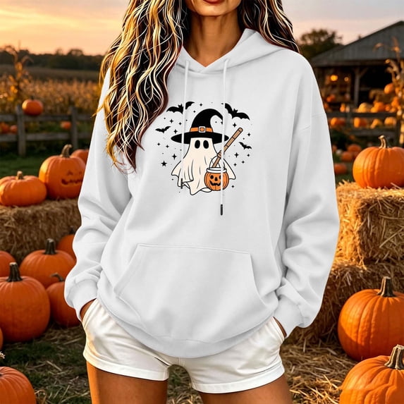 NSLGXD Halloween Sweatshirts for Women Plus Size Ghost Print Pullover Hoodies Stretch Holiday Long Sleeve Shirt Tops Halloween Costumes S-2XL