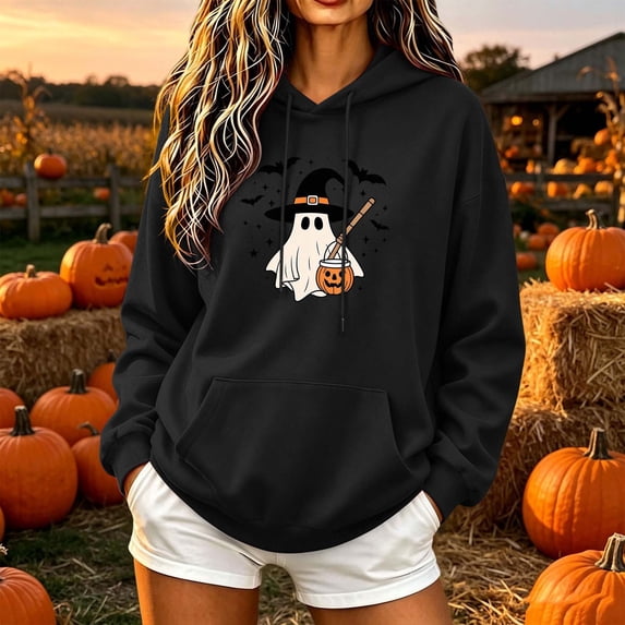 NSLGXD Halloween Sweatshirts for Women Funny Ghost Print Pullover Hoodies Stretch Holiday Long Sleeve Shirt Tops Halloween Costumes S-2XL