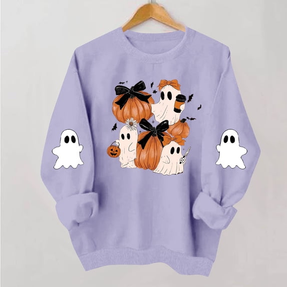NSLGXD Halloween Sweatshirts for Women Spooky Ghost Graphic Pullovers Stretch Work Round Neck Long Sleeve Y2k Tops Halloween Costumes