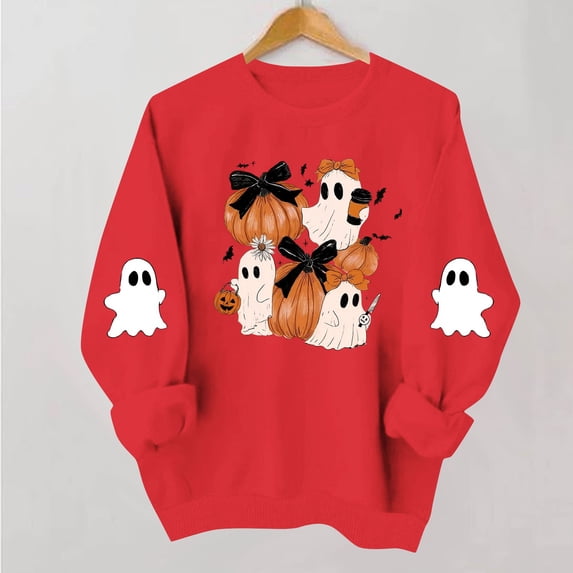 NSLGXD Halloween Sweatshirts for Women Spooky Ghost Graphic Pullovers Stretch Work Round Neck Long Sleeve Y2k Tops Halloween Costumes