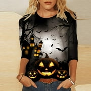 NSLGXD Halloween T-Shirts for Women Crew Neck 3/4 Length Sleeve Shirts Fashion Pumpkin Print Pullover Slim Fit Tops for Women
