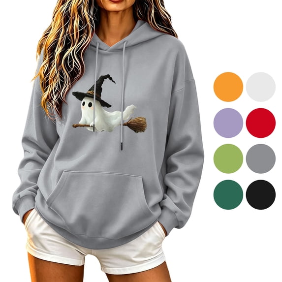 NSLGXD Halloween Womens Oversized Hoodie Cute Ghost Print Long Sleeve Hooded Sweatshirt Trendy Y2K Baggy Pocket Casual Autumn Outfit Tops S-2XL