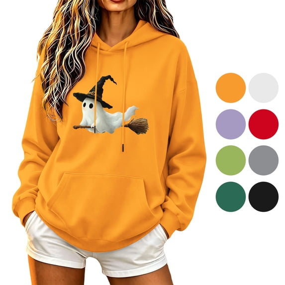 NSLGXD Halloween Womens Oversized Hoodie Cute Ghost Print Long Sleeve Hooded Sweatshirt Trendy Y2K Baggy Pocket Casual Autumn Outfit Tops S-2XL