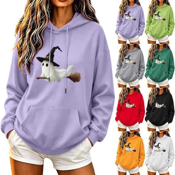NSLGXD Halloween Womens Oversized Hoodie Cute Ghost Print Long Sleeve Hooded Sweatshirt Trendy Y2K Baggy Pocket Casual Autumn Outfit Tops S-XL
