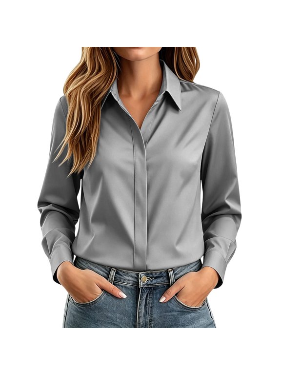 Hidden Button Down Shirts for Women 2026 Long Sleeve Dressy Casual Office Shirt Plus Size Slim Fit Lapel Collared Satin Dressy Tops S-3XL