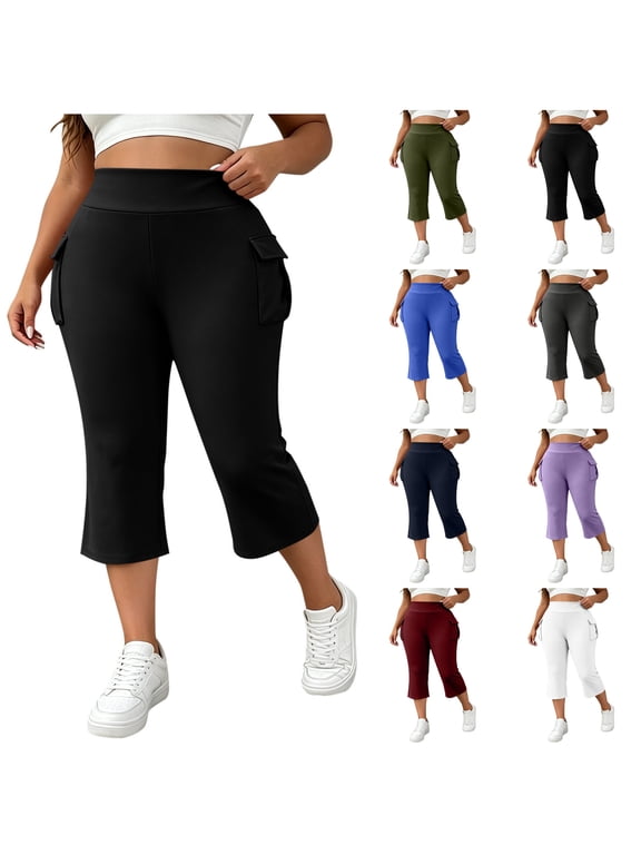 High Waisted Cargo Capri Leggings for Women Plus Size Workout Yoga Running Flare Leggings Tummy Control Athletic Stretchy Pants with Pockets L-5XL