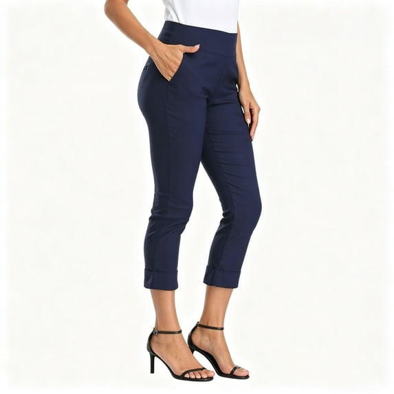 NSLGXD High Waisted Work Pants Women Skinny Pull On Cropped Pant Plus Size Stretchy Capri Pant Slim Fit Daily Wear Summer Capris with Pockets S-3XL Navy Capris for Women