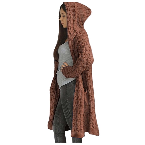 NSLGXD Hooded Long Cable Knit Cardigan Sweaters for Women Open Front Long Sleeve Solid Oversized Fall Outerwear with Pockets S-5XL