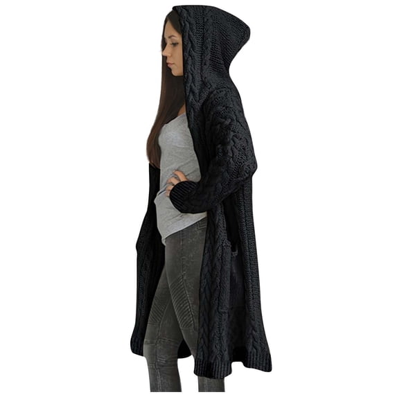NSLGXD Hooded Long Cable Knit Cardigan Sweaters for Women Open Front Long Sleeve Solid Oversized Fall Outerwear with Pockets S-5XL