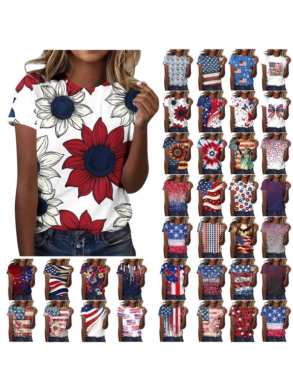 Independence Day Holiday Shirts for Women Sun Flower Print Patriotic Graphic Tee Shirts Casual Crewneck Summer Tops S-3XL