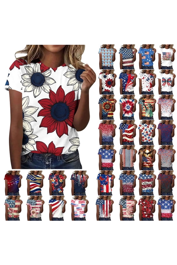 Independence Day Holiday Shirts for Women Sun Flower Print Patriotic Graphic Tee Shirts Casual Crewneck Summer Tops S-3XL
