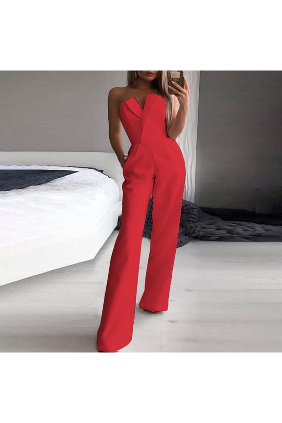 Jumpsuits for Women Dressy Evening Party Strapless Pleated Wide Leg Empire Waist Overalls Summer Tube Top Sleeveless Solid Long Formal Rompers