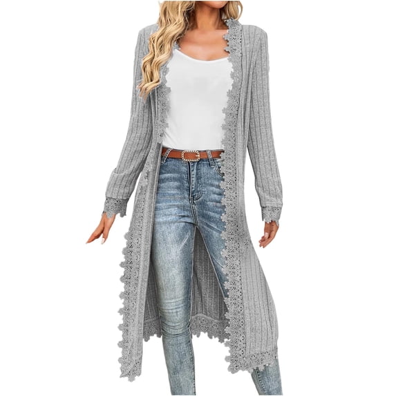 NSLGXD Lace Cardigan for Women Open Front Knee Length Ribbed Knit Sweater Tops Casual V-Neck Long Sleeve Lightweight Duster Cardigans S-2XL