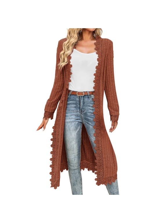 Lace Cardigan for Women Open Front Knee Length Ribbed Knit Sweater Tops Casual V-Neck Long Sleeve Lightweight Duster Cardigans S-2XL