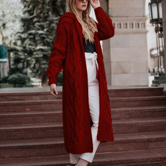 NSLGXD Long Cable Knit Sweater Women Fashion Long Sleeve Hooded Long Cardigan Sweaters Open Front Windproof Fall Oversized Sweater Outerwear with Hood