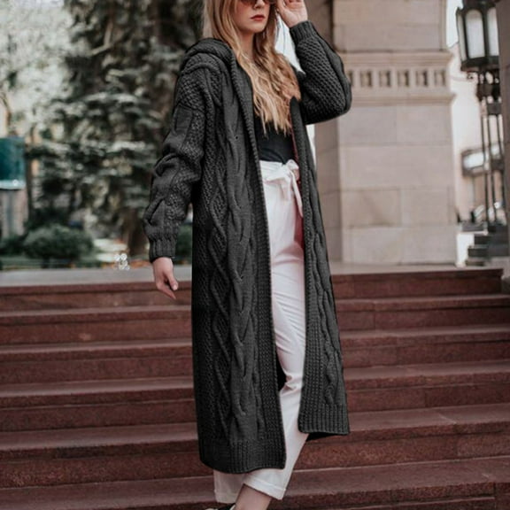 NSLGXD Long Cable Knit Sweater Women Fashion Long Sleeve Hooded Long Cardigan Sweaters Open Front Windproof Fall Oversized Sweater Outerwear with Hood