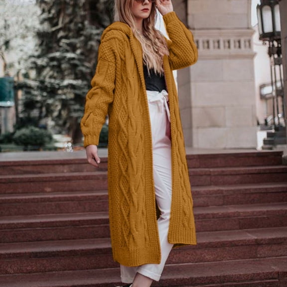 NSLGXD Long Cable Knit Sweater Women Fashion Long Sleeve Hooded Long Cardigan Sweaters Open Front Windproof Fall Oversized Sweater Outerwear with Hood