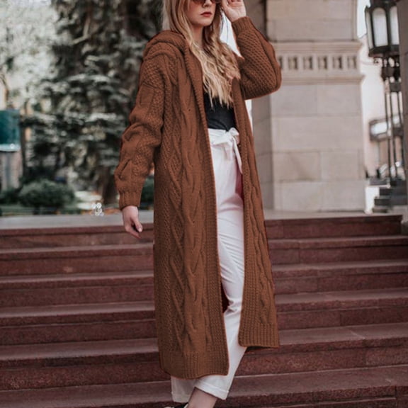 NSLGXD Long Cable Knit Sweater Women Fashion Long Sleeve Hooded Long Cardigan Sweaters Open Front Windproof Fall Oversized Sweater Outerwear with Hood