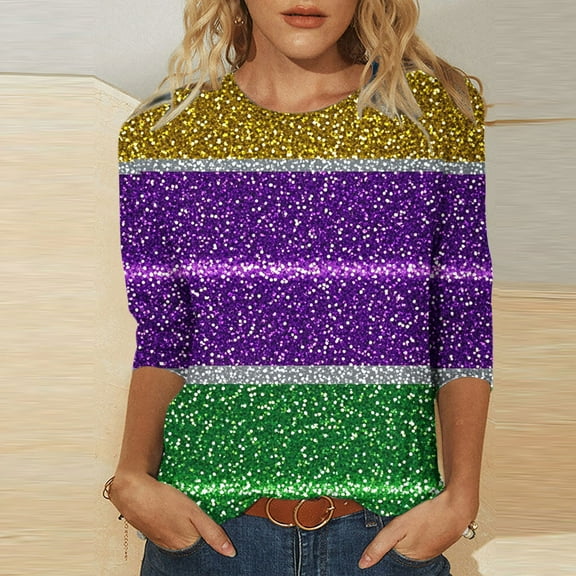NSLGXD Mardi Gras T-Shirts Women Crew Neck 3/4 Length Sleeve Shirts Sparkly Color Block Print Tees Carnival Themed Costumes Holiday Party Tops