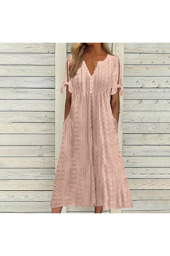 Maxi Long Dresses for Women 2025 Trendy Short Sleeve Eyelet Tshirt Dress Casual Summer Beach Vacation Sundress with Pockets