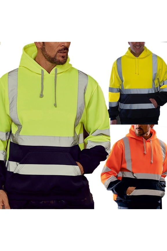 Mens High Visibility Hoodies Sweatshirts Class 3 Reflective Safety Hoodies Hi Vis Jackets Windproof Coats Fall Winter Workwear Windbreakers with Pockets