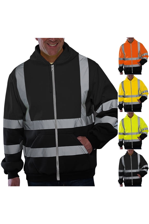 Mens High Visibility Hoodies Sweatshirts Class 3 Reflective Safety Hoodies Hi Vis Jackets Windproof Coats Fall Winter Workwear Windbreakers with Pockets