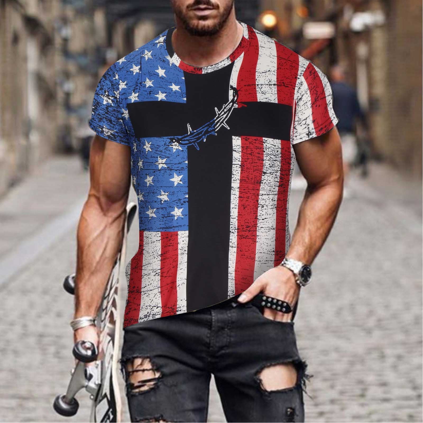 NSLGXD Mens Independence Day Shirts Distressed Red White and Blue Graphic Tees Crewneck Short