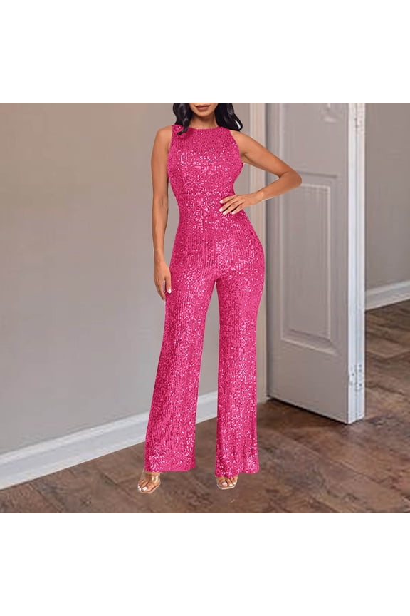 Party Rompers for Women Fashion Sequin Clubwear Jumpsuits Stretchy Tummy Control Sleeveless Crewneck Overalls Straight Wide Leg Jumpsuit pants