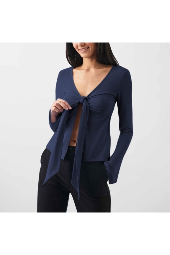 Party Women Tie Up Shirts Long Sleeve Y2k Twist Fitted Crop Tees V Neck Tie Front Dressy Top Elegant Streetwear