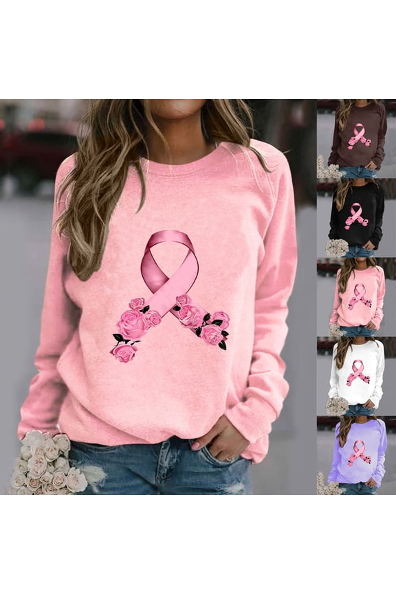 Pink Ribbon Crew Neck T-Shirt for Women Breast Cancer Awareness Pink Rose Floral Sweatshirt Long Sleeve Oversized Soft Fall Graphic Tops S-2XL