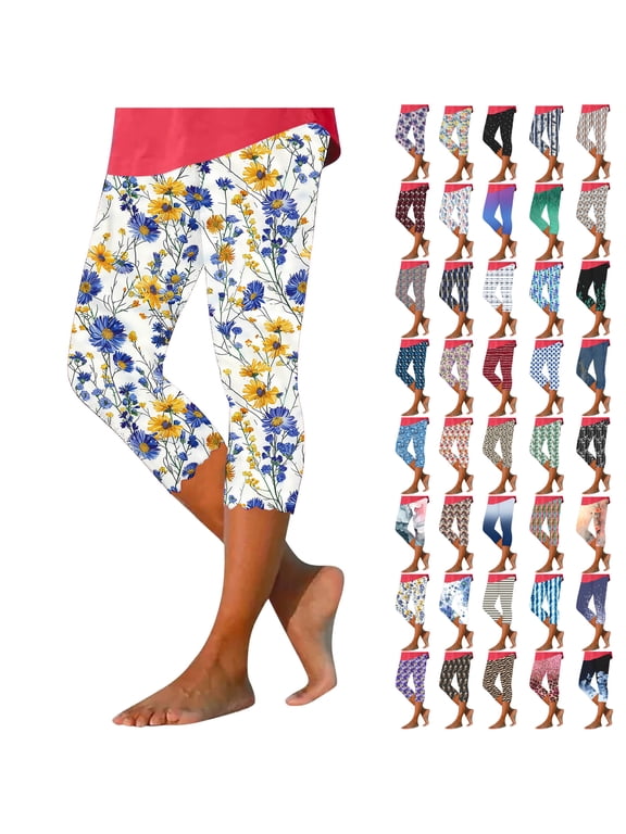Plus Size Capris for Women Slim Fit Straight Leg Cropped Leggings Vintage Print High Waisted Stretchy Capri Pants S-4XL