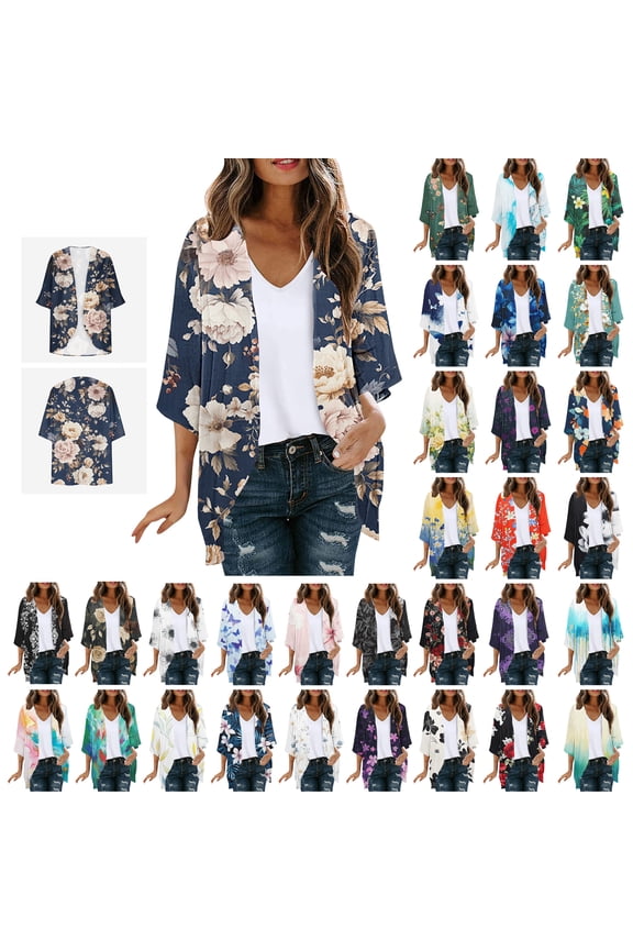 Plus Size Hawaiian Floral Chiffon Kimono Cover Ups for Women 3/4 Sleeve Open Front Lightweight Cardigans Sun Protection Loose Fit Beach Vacation Cardigan Jacket S-3XL