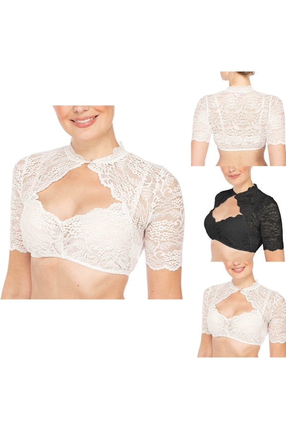 Plus Size Lace Shrug Women Short Sleeve Vintage Crop Tops Dressy Casual Bridal Lace Shrug White Shirts,Size S-5XL