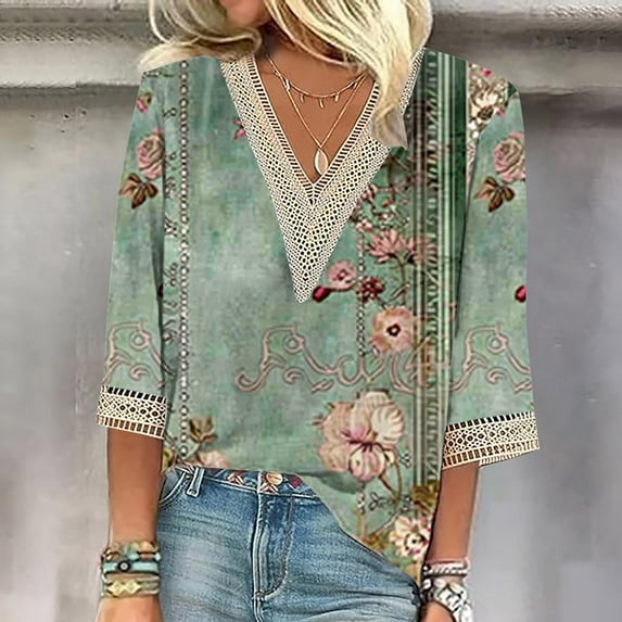 NSLGXD Plus Size Shirts for Women 2024 Lace V Neck T-Shirts Loose Fit 3/4 Sleeve Shirt Vintage Floral Print Tee Tops Casual Comfy Blouse Cute Summer Tops for Women