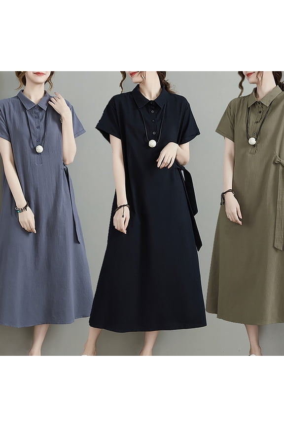 Plus Size Short Sleeve Collared Dresses for Women Cotton Linen A Line Midi Dress Loose Fit Dressy Casual Work Dress Green Dress,Size S-5XL