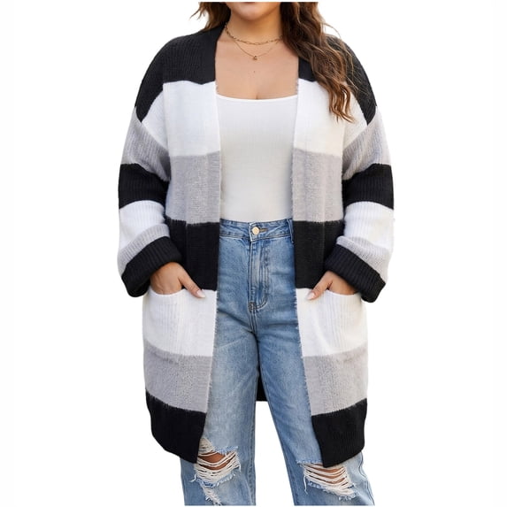 NSLGXD Plus Size Striped Cardigans for Women Open Front Long Sleeve Oversized Sweater Tops Casual Cozy Fall Winter Duster Cardigan with Side Pockets L-3XL