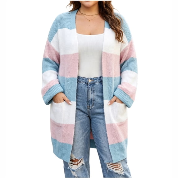 NSLGXD Plus Size Striped Cardigans for Women Open Front Long Sleeve Oversized Sweater Tops Casual Cozy Fall Winter Duster Cardigan with Side Pockets L-3XL