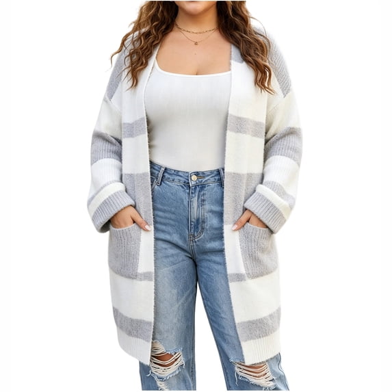 NSLGXD Plus Size Striped Cardigans for Women Open Front Long Sleeve Oversized Sweater Tops Casual Cozy Fall Winter Duster Cardigan with Side Pockets L-3XL