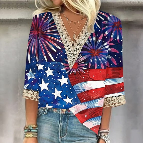 NSLGXD Plus Size T-Shirts for Women 3/4 Length Sleeve V Neck Shirts Red White and Blue Flag Graphic Tees Fashion Firework Print Blouse Independence Day Patriotic Tops