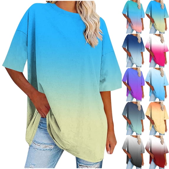 NSLGXD Plus Size T Shirts for Women Casual Round Neck Short Sleeve Tops Cute Gradient Graphic Tees Flowy Vacation Tshirts S-5XL Blue Top