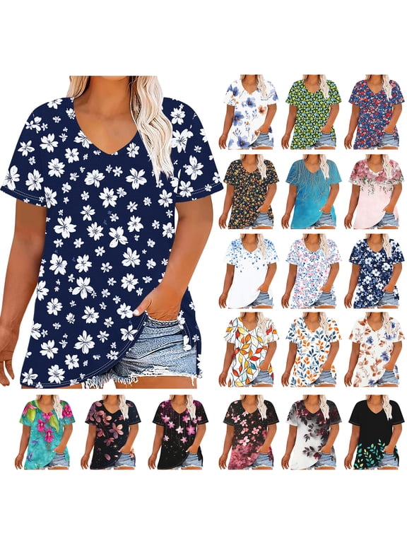 Plus Size T Shirts for Women Casual V Neck Short Sleeve Tops Loose Fit Gradient Graphic Tees Comfy Workout Tshirt Top XL-5XL Multicolor Tops
