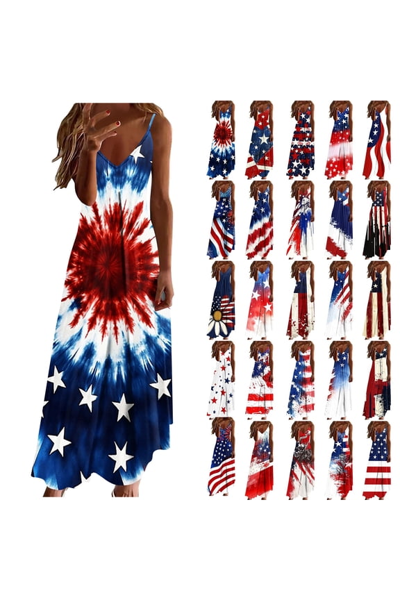 Plus Size Tie Dye Slip Dress Women V Neck Sleeveless Flowy Long Dresses Summer Loose A Line Camisole Patriotic Dress S-5XL Graphic Dress